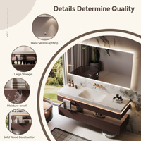 Meuble-lavabo flottant classique en bois massif, style luxe naturel, avec vasque en pierre frittée et armoire miroir LED intelligente