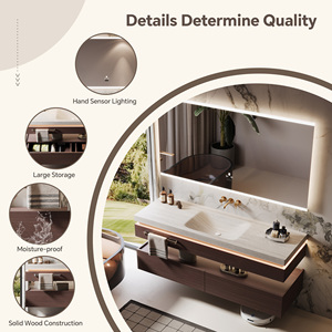 Meuble-lavabo flottant classique en bois massif, style luxe naturel, avec vasque en pierre frittée et armoire miroir LED intelligente - Product Image 4