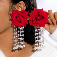 Pendientes de tela fresca con flores grandes y coloridas, cuentas de arroz dulce y borlas largas con diseño de hoja para mujer