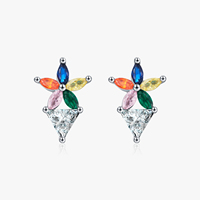 Anting-Anting Perak 925 Sterling Berbentuk Bunga Pelangi Warna-Warni dengan Zirkonia Kubik Segitiga untuk Wanita Perhiasan Berkualitas
