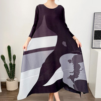 Robe plissée décontractée pour femme, style Miyake, imprimé artistique abstrait, manches 3/4, coupe trapèze, très extensible, vente en gros