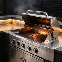 Barbecue au gaz 4 brûleurs BBQ Kingdom en acier inoxydable avec plaque de cuisson en fonte, brûleur latéral, bac à graisse amovible et tables latérales