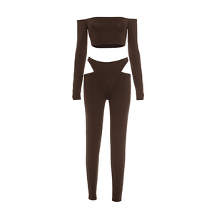 เสื้อครอปแขนยาวเปิดไหล่สำหรับผู้หญิงและกางเกงสกินนี่ผูกเชือกชุดแฟชั่น 2 ชิ้น - Product Image 6