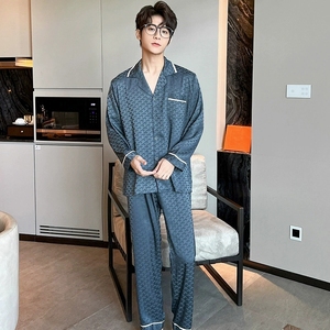 Conjunto de <span class=keywords><strong>Pijamas</strong></span> largos para hombre, primavera Otoño, manga larga, fina, de seda de hielo, de gama alta, Jacquard, talla grande, se puede usar fuera del hogar, traje de ropa - Product Image 4
