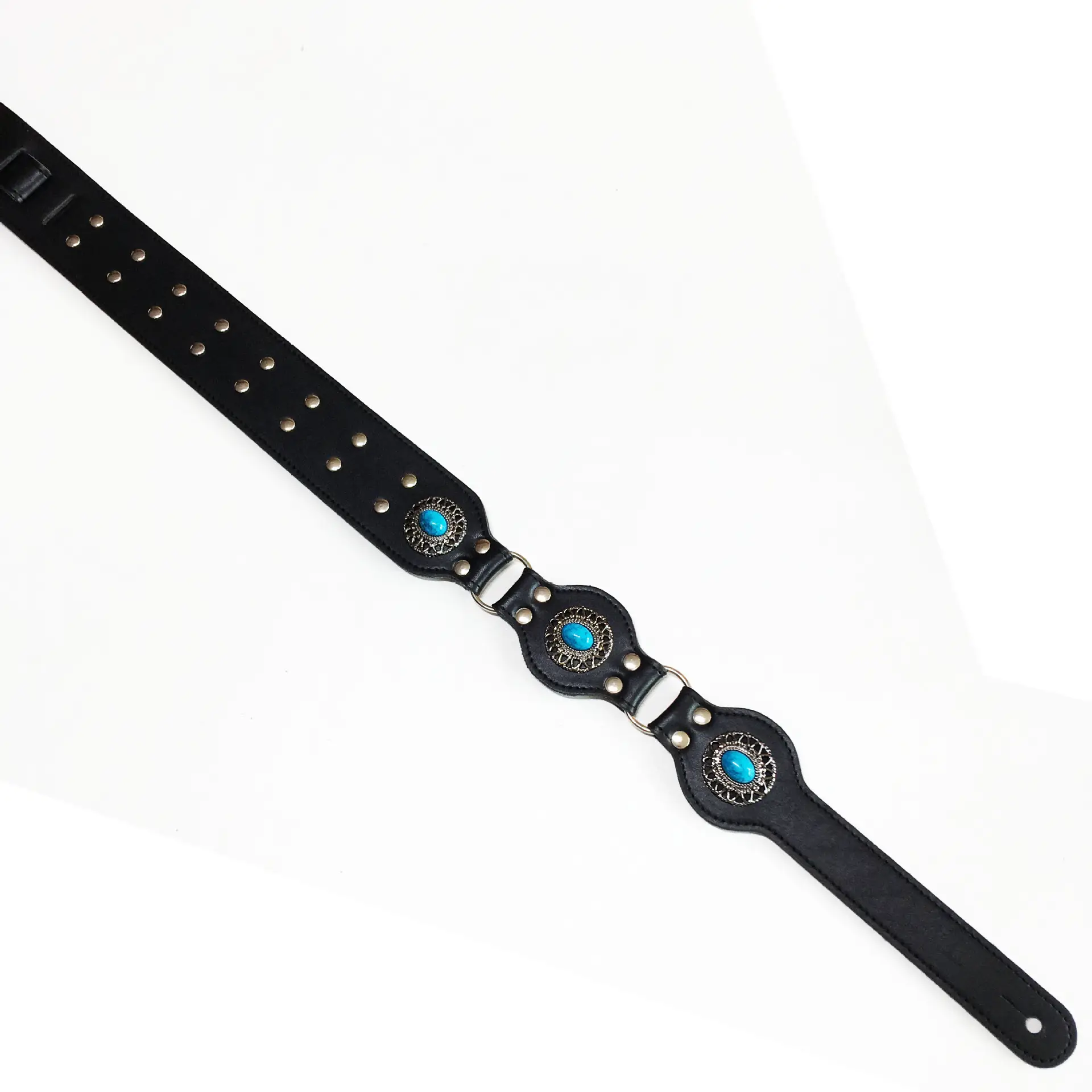 Turquoise Inlaid Fancy Leather Guitar Strap Vintage Ring Link Instrument Strap