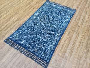 Handmade Indigo Cotton Dhurrie Rug <b>Block</b> Print Carpet Bohemian Floor Rug Home Decor - Product Image 2