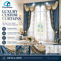 Ensemble de rideaux de luxe OEM ODM bleu poudré avec broderie dorée, cantonnière en tissu superposé et pompons pour projets d'aménagement intérieur de villas et d'hôtels