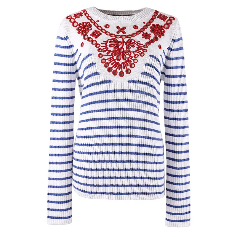 Suéter de punto bordado a rayas azules y blancas para mujer, Jersey de punto ajustado, personalizado, venta al por mayor, otoño e invierno, 2022