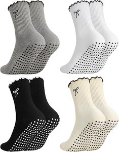 Chaussettes de Pilates pour femmes avec volants et broderie nœud, antidérapantes avec grip en silicone, pour le yoga et le sport - Product Image 5