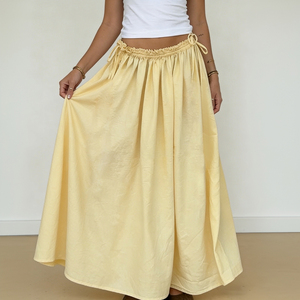 Jupe longue évasée unie respirante à taille naturelle avec cordon de serrage latéral, jupe décontractée d'été - Product Image 1