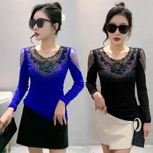 Outono nova moda elegante laço colar strass costura malha emagrecimento jovem undershirt - Product Image 4