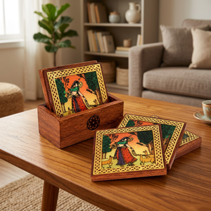 Posavasos Cuadrados de Madera Blanca Clásicos Hechos a Mano con Hermoso Estampado de Chica de Pueblo, Juego de 6 Piezas Ecológicas - Product Image 3