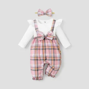 Onesies Kinder Baby Kleidung Plaid Hosenträger Kaninchen Muster Stickerei Baby Stram pler Kurz und Bluse Set Smocked Girl Kleidung Set