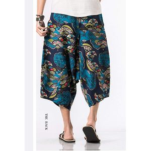 FOXA Mens Elastic Waist Pattern Printed Capri Pants Linen Cotton Breathable Wide Leg <b>Shorts</b> for Casual Wear - Product Image 3