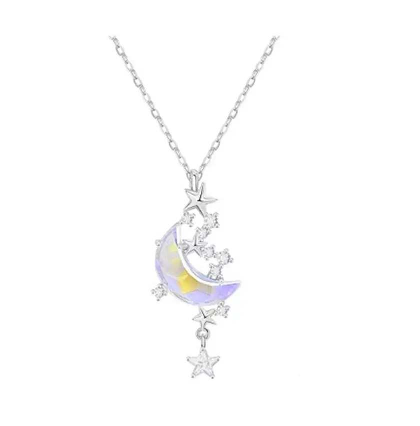 Half Crystal Moon Star Pendant Necklace Earring 925 Sterling Silver Cubic Zircon Stone Women Ladies Jewelry Gift
