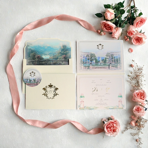 การ์ดเชิญงานแต่งงานแบบหนังสือปกแข็งพร้อมภาพพิมพ์สถานที่จัดงานแบบสีน้ำ ซองจดหมายแบบมีซับใน และการ์ดกระดาษเคลือบฟอยล์สีทอง - Product Image 2