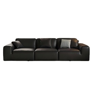 Italian Minimalist Big <b>Black</b> Cow Genuine Leather <b>Sofa</b> Living Room High End Straight Top Grain Cowhide Leather <b>Sofa</b> Set - Product Image 5