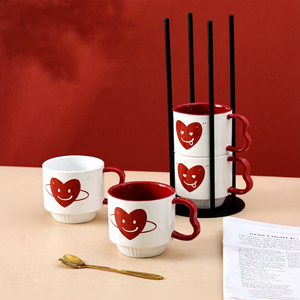 Customized Porcelain Stacked Cup <b>Set</b> High-End Red Mug Couple's Classic Light Luxury High Temperature Resistant <b>Microwave</b> Safe - Product Image 2