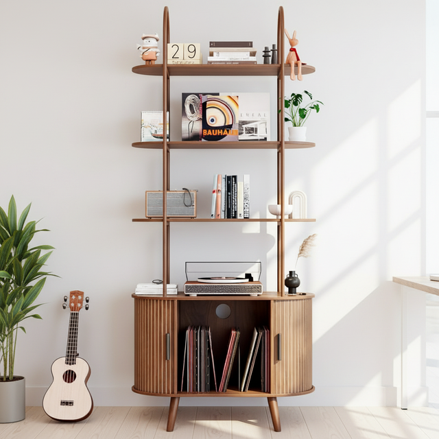 Mid Century Modern Adjustable Space-Saving 4-Tier Vinyl Record Player Stand Arched Sliding Doors Walnut Finish for Living Room