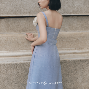 Beautiful flower strip Parisian Bloom <b>Dress</b> in light blue for elegant luxury vacation - Product Image 2