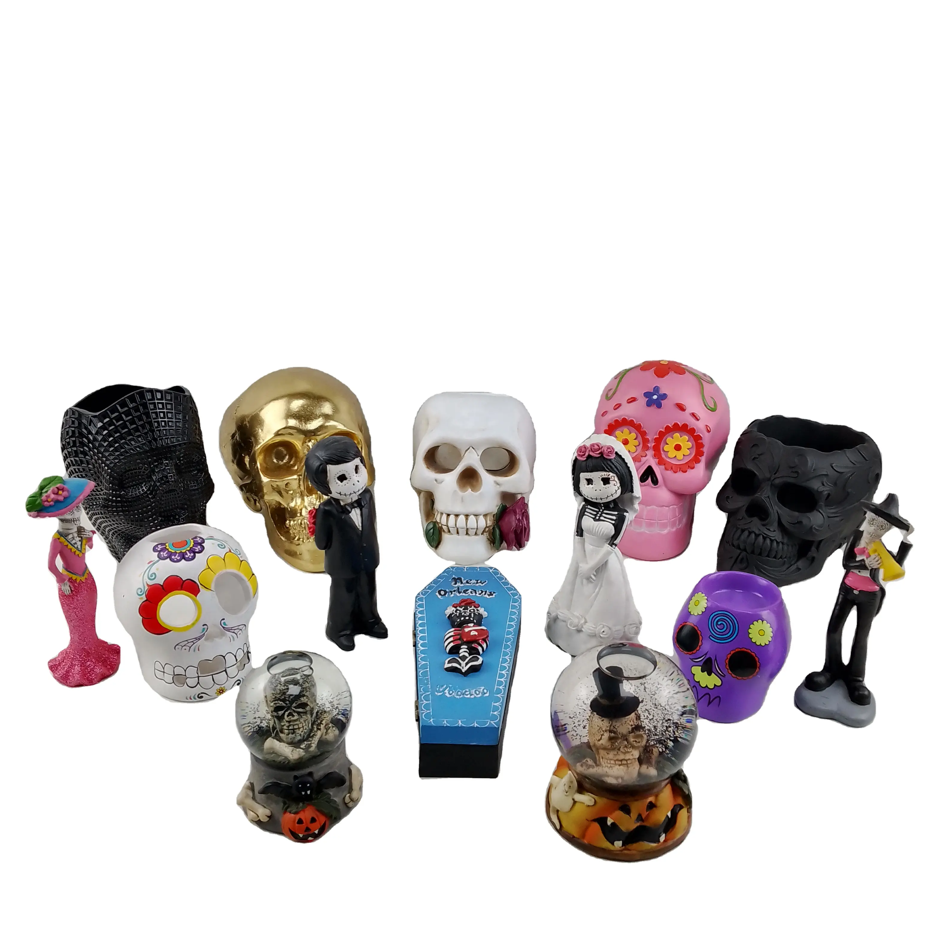 Figuritas de resina con forma personalizada para decoración de Halloween, pluma de cráneo de poliresina, gafas/soporte para teléfono