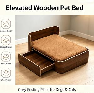 2 in 1 Pet Bed & Storage Organizer Wooden Elevated Dog <b>Cat</b> Bed with Pull-Out Drawer for Toys Treats Space-Saving Raised Pet Be - Product Image 1