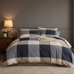 Set Sprei Kasur dari Kain Mikrofiber Plaid yang Nyaman dan Dapat Dicuci, Bermotif Kotak-kotak untuk Kamar Tidur Keluarga - Product Image 1