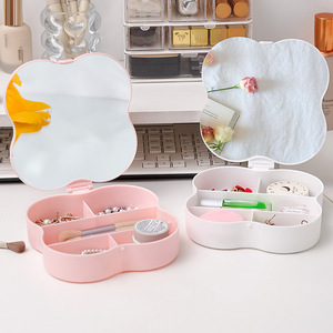 Four Leaf Clover Makeup <b>Mirror</b> With Storage Compartments Portable Desktop Organizer For Women And Students Pink And <b>White</b> - Product Image 1