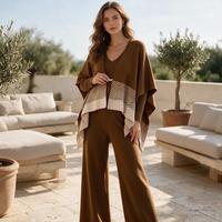 Ensemble tricoté 2 pièces pour femme, automne-hiver, motif chevron, cape cardigan, pantalon large, tenue décontractée assortie