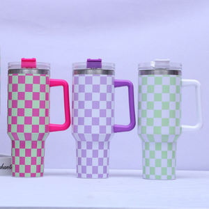 Nouvelle Tasse de Voyage Isotherme en Acier Inoxydable à Motif à Carreaux, Grande Capacité 40 oz, avec Poignée et Paille, Motif Floral - Product Image 4