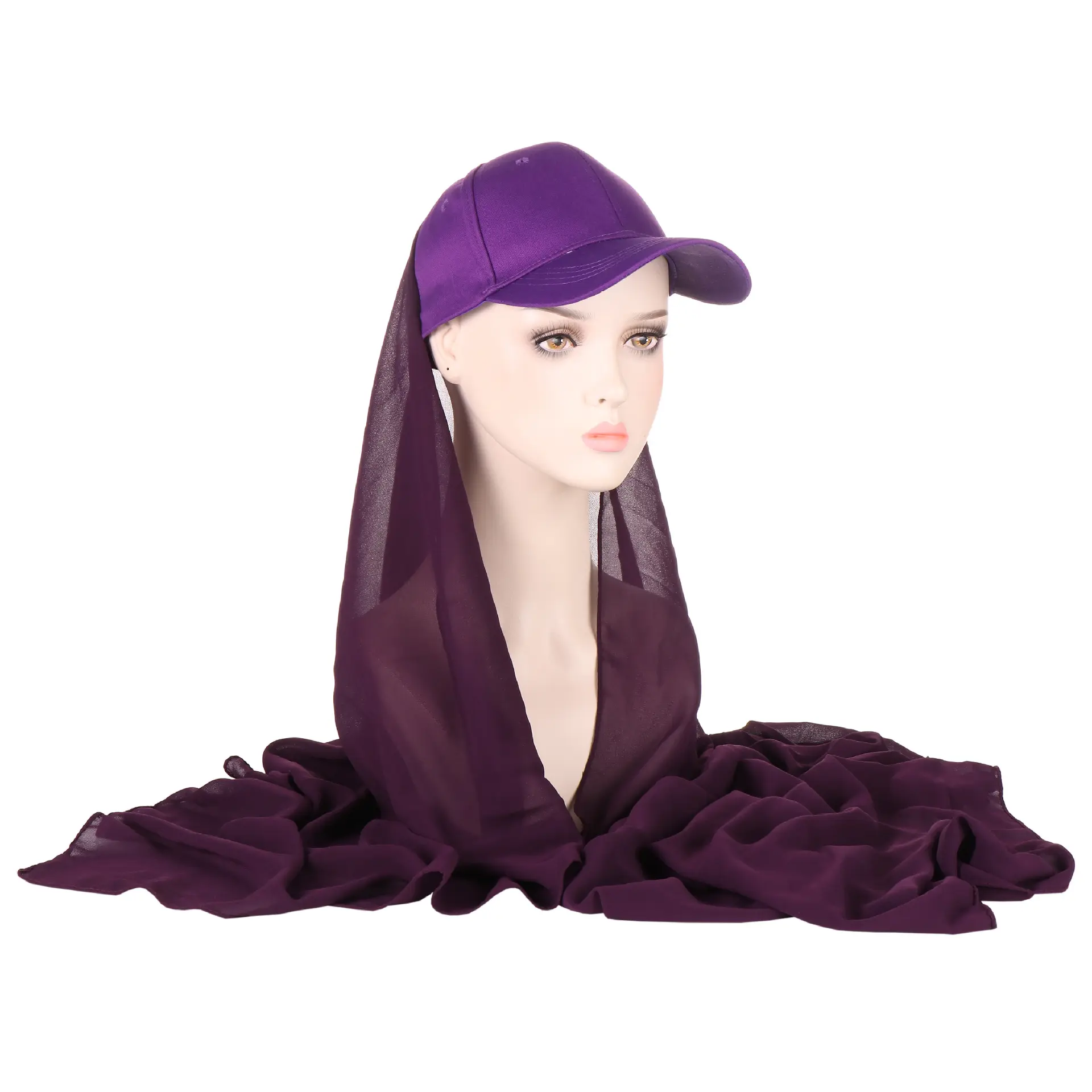 HZM-22137 새로운 도착 야구 모자 쉬폰 hijab shawls 스카프 이슬람 스포츠 착용 인스턴트 hijab 모자 여성