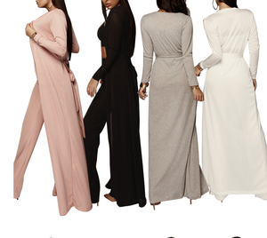 Женский комплект из 3 предметов, трикотажная эластичная одежда с длинным рукавом, накидка на пончо, длинные брюки с широкими штанинами и майка-майка - Product Image 2