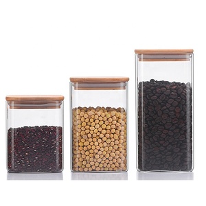 Food Storage Jars, Square Jars Set of 4-Clear Glass Storage Containers with Bamboo Lid Airtight For Serving Tea, Coffee, Spice