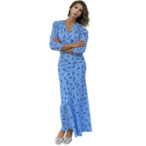 Nuovo <span class=keywords><strong>Abito</strong></span> Lungo da Donna 2026 Vintage Primavera Estate Stile Francese con Scollo a V <span class=keywords><strong>Blu</strong></span> a <span class=keywords><strong>Maniche</strong></span> <span class=keywords><strong>Lunghe</strong></span> con Cintura Floreale Effetto Slim in Poliestere - Product Image 1