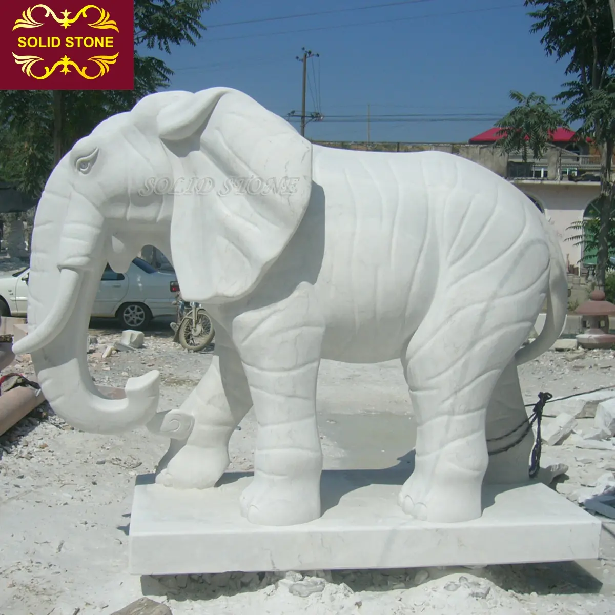 Pierre d'or en marbre blanc, éléphant, sculpture d'animaux, décoration de jardin en plein air