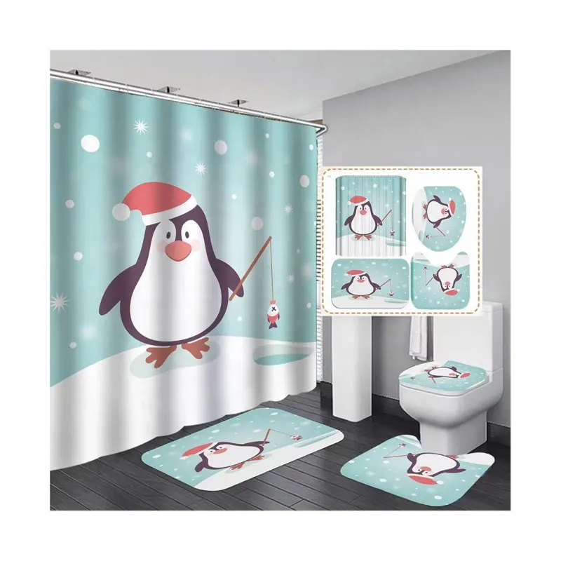 Rideaux de douche 3D en forme de pingouin sans crochet, avec impression numérique et anti-moisissure pour salle de bain