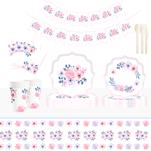 DAMAI Pink Flower Theme Party Disposable <b>Paper</b> Plate Napkin <b>Tablecloth</b> Disposable Party Tableware Sets for Party and Wedding - Product Image 1