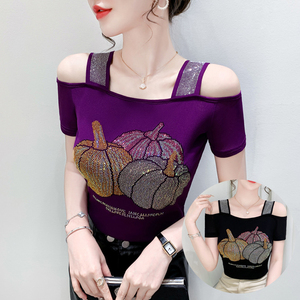 T-shirt da <span class=keywords><strong>donna</strong></span> personalizzata <span class=keywords><strong>con</strong></span> strass a fragola, sexy, <span class=keywords><strong>con</strong></span> spalle scoperte, luccicante, <span class=keywords><strong>con</strong></span> paillettes, a maniche corte, per discoteca e feste - Product Image 4