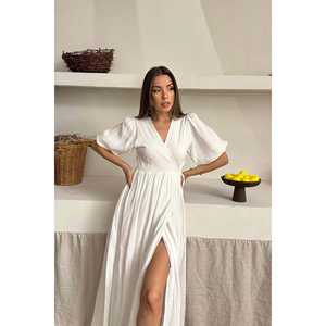 Vestido Largo de Muselina Color Crema al por Mayor, Cuello en V, Corte en A, Abertura Lateral, Transpirable, para Uso Diario Informal - Product Image 2