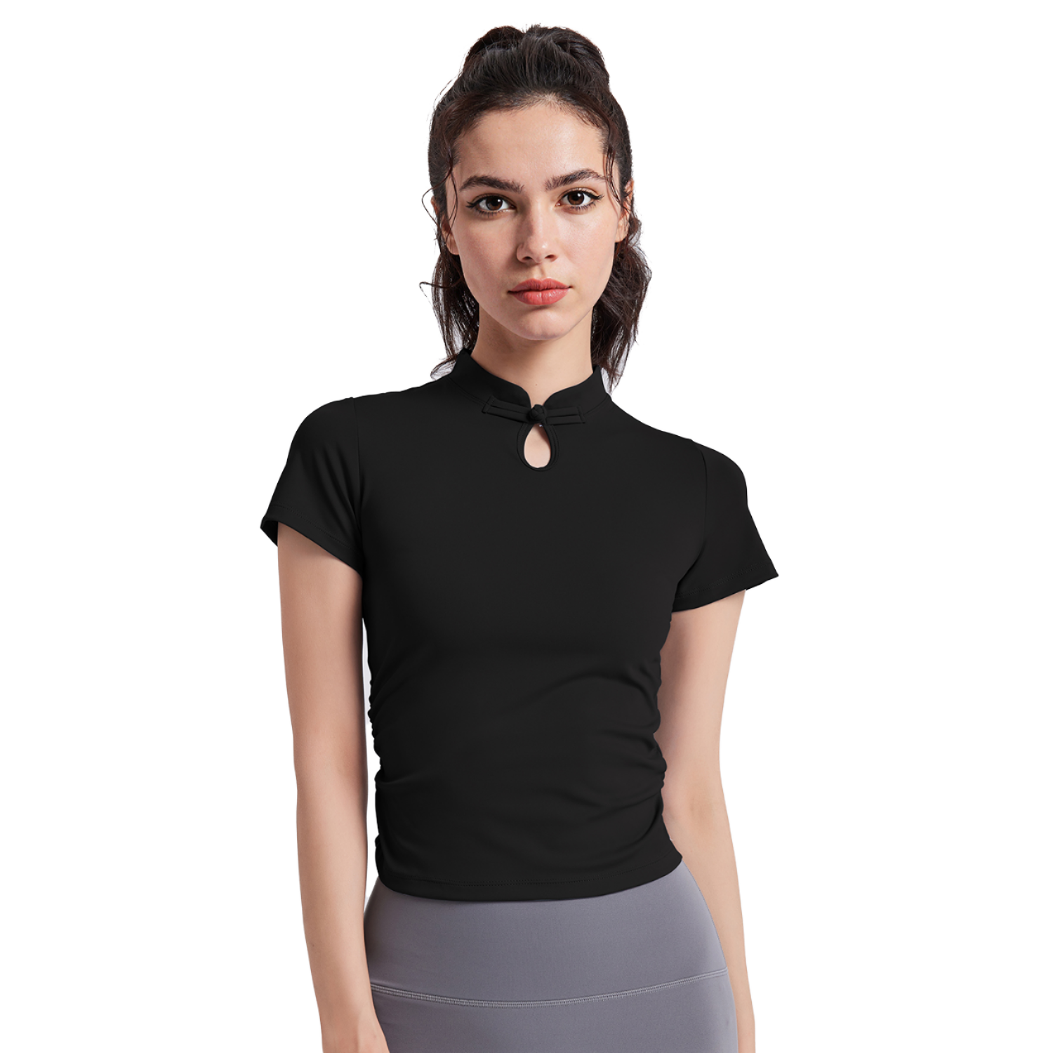 Women's Summer Sports Top New Chinese Yoga Clothing Solid Front Logo Short Button-Up Quick Dry Skinny Fit Spandex/Polyester