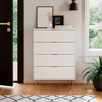 Commode haute moderne en bois à 6 tiroirs avec pieds en métal, meuble blanc rayé pour petite chambre et salon