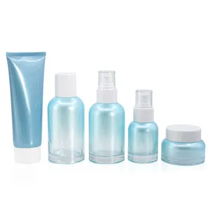 Ocean Blue Glass Kosmetik verpackungs set 50g Creme glas 40ml 100ml 120ml Körper lotion Pump flasche Zerstäuber Parfüm Sprüh flasche