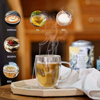 Vente directe d'usine, tasse à café en verre transparent à double paroi résistant à la chaleur en borosilicate de haute qualité avec poignée pour les boissons
