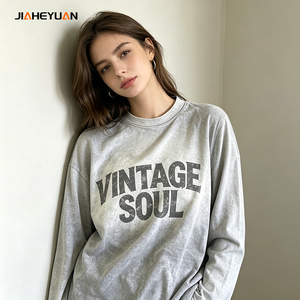 T-shirt à manches longues en coton épais, coupe oversize, style streetwear, <span class=keywords><strong>d</strong></span>élavé à l'acide, effet vintage, effet neige, effet usé - Product Image 1