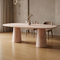 Table à manger longue avec coins arrondis, table à manger en marbre rose avec pieds en marbre rose massif, style simple pour salle à manger
