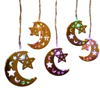 Guirnalda de Luces LED con Forma de Luna y Estrella, Faroles Colgantes de Hierro, Funciona con Batería, Decoración Dorada para Ramadán, Ventana del Hogar, Dormitorio