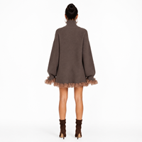 Robe pull ample en maille unie pour femme, col roulé haut, manches longues lanternes, ourlet à volants en dentelle, mini-robe oversize