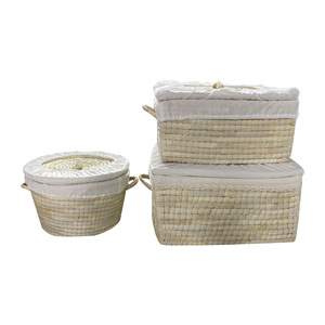 Panier de rangement en paille tressé à la main CT avec couvercle, conteneur alimentaire isotherme, boîte de rangement <span class=keywords><strong>pour</strong></span> aliments <span class=keywords><strong>pour</strong></span> animaux de compagnie en herbe naturelle écologique, décoration intérieure - Product Image 2