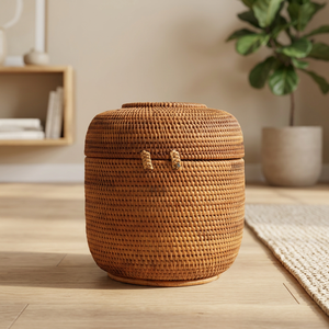 Panier de rangement en rotin naturel tressé, forme ronde, écologique, rustique, multi-usages, pour l'organisation et le rangement - Product Image 2