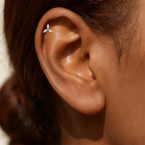 100% 925 Sterling <b>Silver</b> Moissanite Flat Back Piercing <b>Stud</b> Heart Marquise Geometric Triangle Single Row Cartilage Earring - Product Image 6
